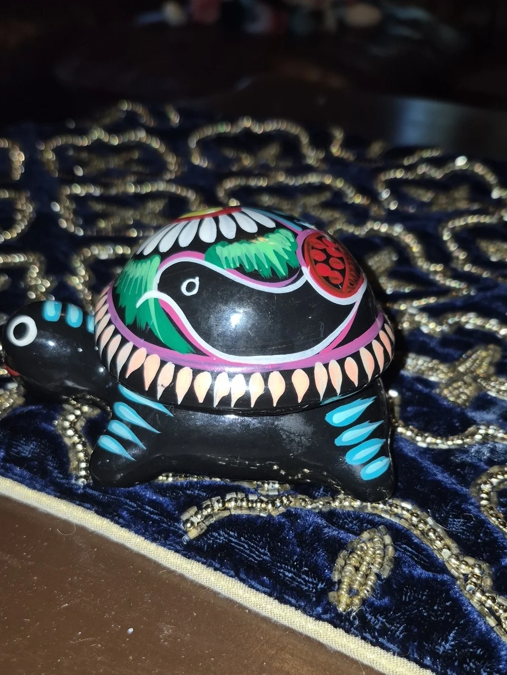 Minature Colorful Turtle Trinket Box.TalaVera From Mexico Flowers And Bird Motif